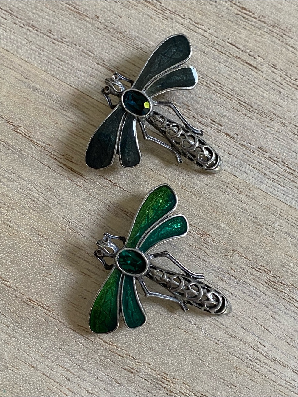 Set of 2 Art Nouveau Style Enamel & Crystal Dragonfly Brooches - Black & Green